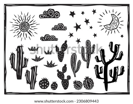 Desert landscape elements. Cacti, succulents, sun, moon and stars. Woodcut vector in Brazilian cordel style Royalty-Free Stock Photo #2306809443