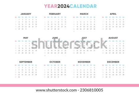One Page Horizontal Calendar 2024, Calendar 2024 Sunday Start Minimal Design Template. Royalty-Free Stock Photo #2306810005