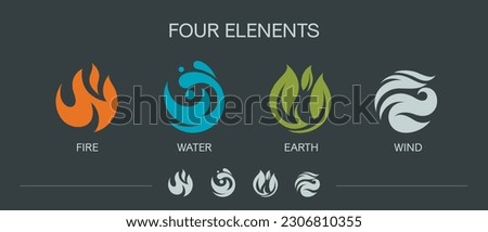 Four elements fire water air earth leaf drop wave ecology icon set vector logo