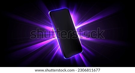 Realistic 3D smartphone with neon light effect isolated on transparent background. Vector illustration of mobile phone mockup with blank touchscreen. Modern communication technology, smart app Royalty-Free Stock Photo #2306811677