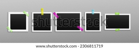 Photo frame collage with tape vector mockup. Album foto template isolated on transparent background. Blank polaroid memory image or film snapshot picture design set. Empty realistic postcard snap Royalty-Free Stock Photo #2306811719
