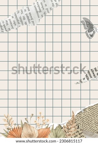 torn paper and newspaper checkered aesthethic wallpaper background cover with butterflies and dried flowers