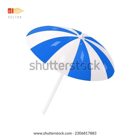 Beach Umbrella. Colorful white and blue striped Summer Parasol Sign. Object isolated on white background. Realistic cartoon 3d icon. Emoticon Design Clip Art. Emoji Icon. 3D Vector Illustration