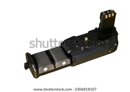 Power grip DSLR camera accessory showing battery compartment. Ready for use in creative composite artwork for commercial campaigns, tutorials and editorials associated with photography and camera gear