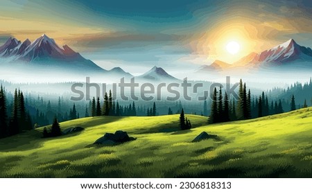 landscape of mountains and green hills. Summer nature landscape with rocks, forest, grass, sun, sky and clouds. National park or reserve. Vector illustration in flat style