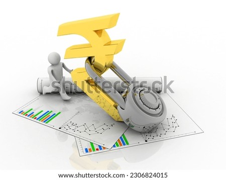 3d rendering rupee symbol lock near business man