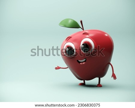 Red apple mascot - 3d render. Cute cartoon living exotic fruit character. The concept of a healthy lifestyle and self-care. Healthy character goes in for sports, fitness, yoga. 