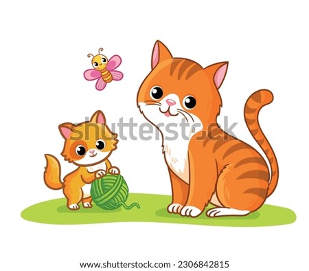 Cat with a kitten is playing on a green meadow. Vector illustration with pets in cartoon style.
