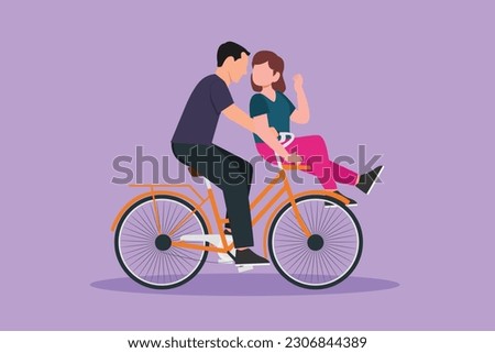 Character flat drawing cute romantic couple on date riding bicycle. Young man and woman in love. Happy married couple cycling together. Lovely relationship concept. Cartoon design vector illustration