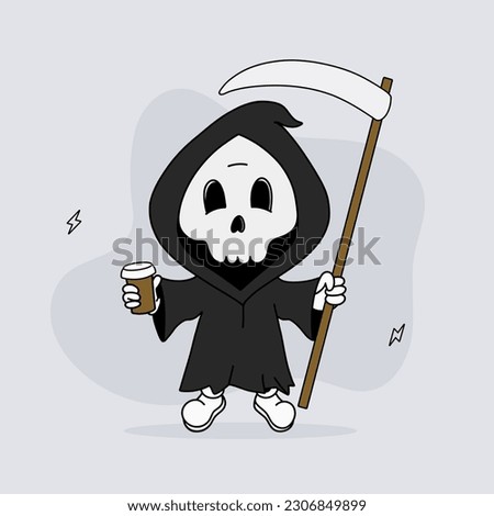 Death character with coffee cup, Cute mystic mascot, Funny halloween 