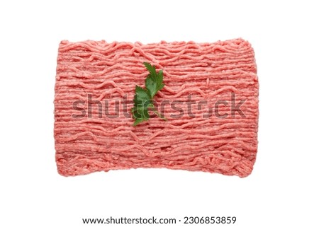 Raw fresh minced meat with parsley isolated on white, top view