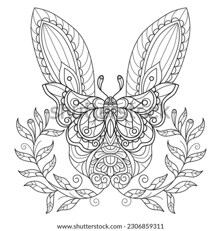 Rabbit and butterfly hand drawn for adult coloring book