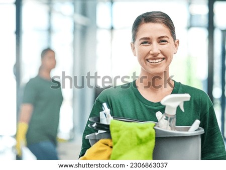 Happy, product and portrait of a woman with a cleaning service, tools and bucket for work. Smile, office and a young female cleaner with products to clean a workplace, disinfection staff and job Royalty-Free Stock Photo #2306863037