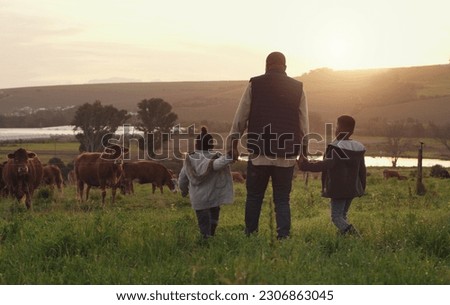 Family, holding hands and a father walking on a farm with children for agriculture or sustainability. Back, farming and a dad with his kids in the meadow as a cow farmer in the countryside at sunset Royalty-Free Stock Photo #2306863045