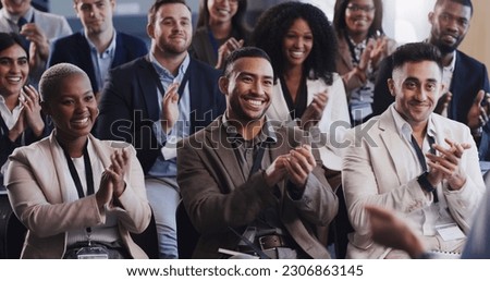 Business people, conference and audience clapping hands at a seminar, workshop or training. Diversity men and women crowd applause at conference or convention for corporate success, bonus or growth Royalty-Free Stock Photo #2306863145