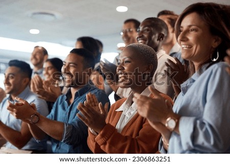 Applause, support and motivation with a business team clapping as an audience at a conference or seminar. Meeting, wow and award with a group of colleagues or employees cheering on an achievement Royalty-Free Stock Photo #2306863251