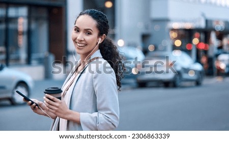 Music, phone and portrait of businesswoman in city for streaming, social media and audio. Happy, smile and podcast with female employee in outdoors for coffee break, online radio and technology