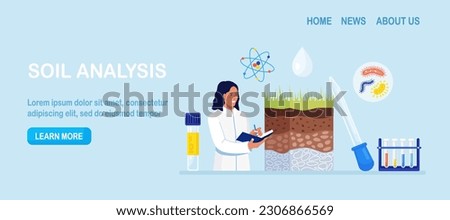 Soil analysis, earth pollution. Scientists study of composition of substances in ground layer structure sample. Woman research soil nutrients, microorganism in laboratory. Bioengineering, chemistry Royalty-Free Stock Photo #2306866569