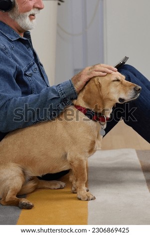 Elderly man sits on the floor with his dog and using tablet pc. Senior man with headphones listening to music, podcast, watch movie, video call with family or friends. Leisure and retirement concept Royalty-Free Stock Photo #2306869425