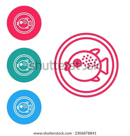 Red line Puffer fish on a plate icon isolated on white background. Fugu fish japanese puffer fish. Set icons in circle buttons. Vector
