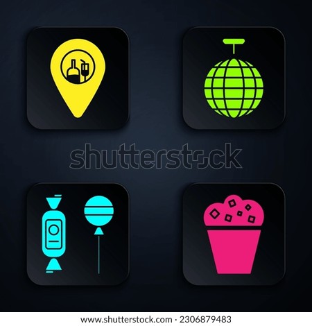 Set Popcorn in cardboard box , Alcohol or beer bar location , Lollipop  and Disco ball . Black square button. Vector