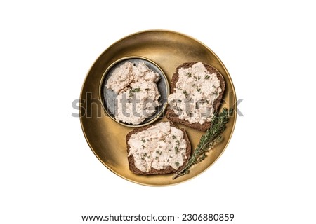 Toasts with Cod liver Spread pate on a plate. Isolated on white background