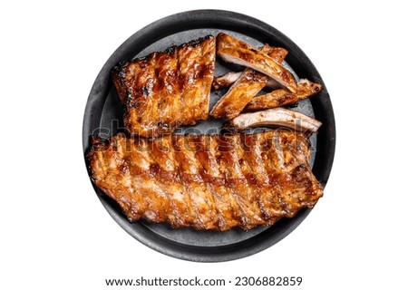 BBQ pork spare ribs St Louis with hot honey marinade in a steel tray. Isolated on white background Royalty-Free Stock Photo #2306882859