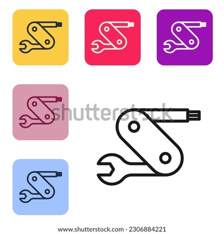 Black line Swiss army knife icon isolated on white background. Multi-tool, multipurpose penknife. Multifunctional tool. Set icons in color square buttons. Vector Royalty-Free Stock Photo #2306884221