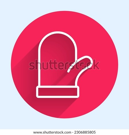White line Christmas mitten icon isolated with long shadow. Red circle button. Vector
