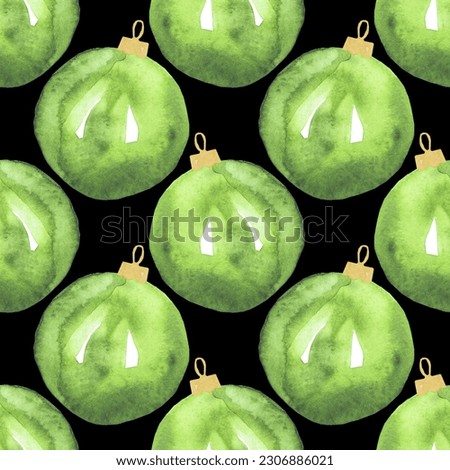 watercolor hand drawn green christmas ball seamless pattern on black background.