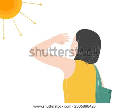 A girl with heatstroke. Having sunstroke in summer hot weather, holding hand on head. Flat vector illustration. Royalty-Free Stock Photo #2306888425