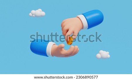 3D Cartoon character hand putting golden coin in other hand. Concept of  money, Payment, partnership, salary, charity, corruption, gift, bribe. Business clip art isolated on blue background