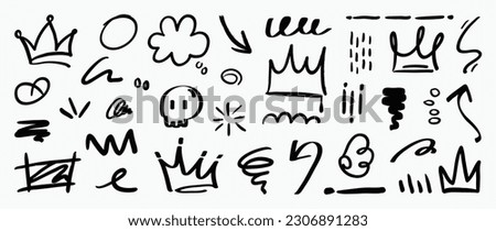 Sketch doodle element vector. Hand drawn arrow, scribble, circle, crown, bone, speech bubble, curvy line. Abstract line illustration collection design for cover, banner, graffiti, art.