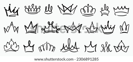 Set of doodle crowns vector. Hand drawn king or queen crowns luxurious prince and princess head accessories, diadems. Royal head tiara illustration collection design for graffiti, decorative.