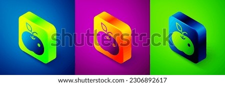 Isometric Poison apple icon isolated on blue, purple and green background. Poisoned witch apple. Square button. Vector