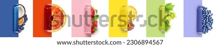 Collage with soda cans, sweet fruits and berries on colorful background