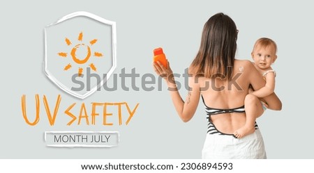 Mother and her baby with sunscreen cream on light background. Banner for Ultraviolet Safety Month Royalty-Free Stock Photo #2306894593