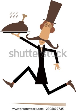 Man carries a tray with meat. 
Running long mustache man in the top hat carries a tray with meat, duck or chicken. Isolated on white background
