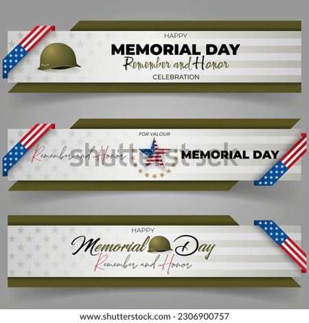 Set of web banners design, background with  handwriting texts, medal of honor, army helmet and national flag colors for U.S. Memorial day event, celebration