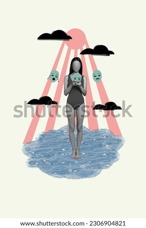 Vertical collage picture of black white gamma unsatisfied no face girl swimwear use smart phone crying emoji drawing sun clouds