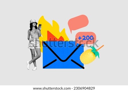 Creative collage of black white colors girl use smart phone receive many message comment notification mail fire flame isolated on white background