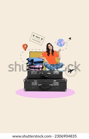 Vertical collage picture of happy mini girl sit inside retro valise point finger planet earth globe geolocation mark airplane italy