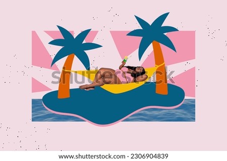 Creative collage picture of peaceful girl chilling hammock between palm trees drink cocktail isolated on painted background