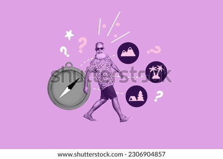 Creative collage of black white colors funky grandfather walking big compass questioned mark choose activity hiking camping sunbathing