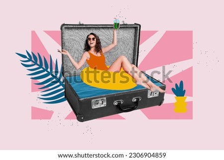 Collage picture of funky mini girl swim inflatable circle inside valise hold cocktail glass pineapple plant leaves isolated on painted background