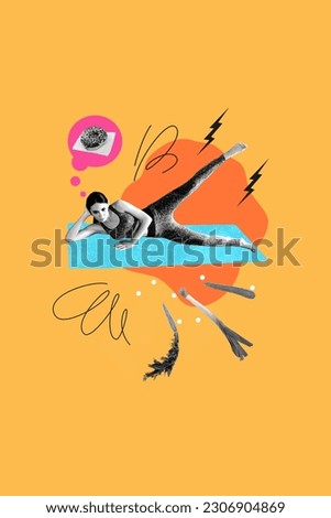 Vertical collage picture of minded sportive girl stretching leg fitness carpet dream sweet chocolate donut isolated on orange background