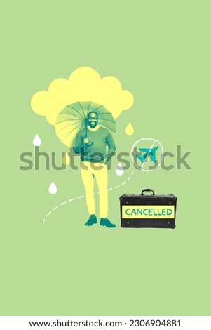 Vertical collage picture of black white colors cheerful guy hold umbrella rainy cloud cancelled flight isolated on green background