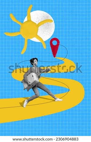 Vertical collage picture of cheerful black white gamma girl hold suitcase walk path destination mark plasticine sun isolated on blue background