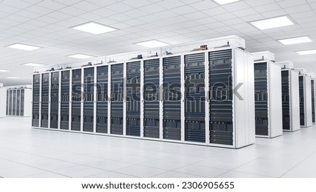 White Server Cabinets inside Bright and Clean Large Data Center. Artificial Intelligence and Large Language Model Training Cluster. Supercomputer and Advanced Cloud Computing Concept. Royalty-Free Stock Photo #2306905655