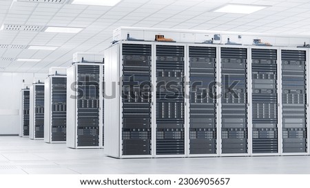 Supercomputer and Advanced Cloud Computing Concept. White Server Cabinets inside Bright and Clean Large Data Center. Artificial Intelligence Training Cluster.